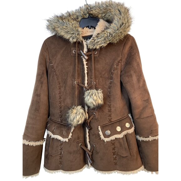 VTG Y2K Brown Esprit Faux Fur Sherpa Lined Coat Zip and Toggle Buttons RG10722 - Picture 2 of 11